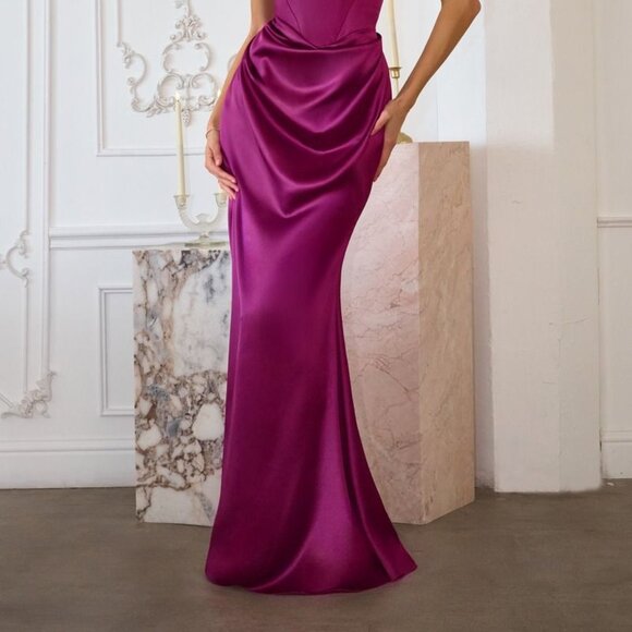 New Berry One Shoulder Sheath Prom Soft Satin Gown w/ Drape Waistline CD T727 - Picture 10 of 10